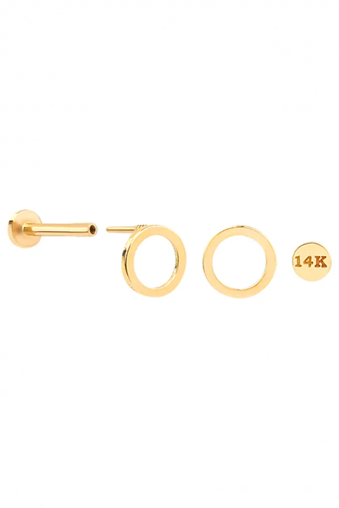 14k Gold Rope Open Round Tragus Helix Internally Threaded Flat Back Earring Labret Stud