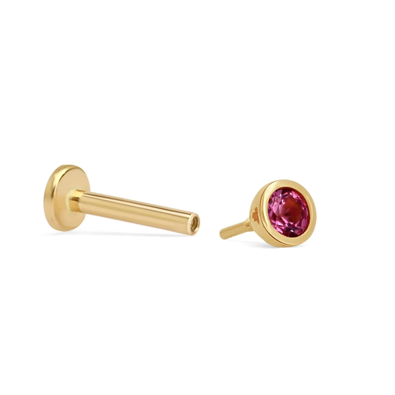 14K Gold Ruby Bezel Tragus Helix Internally threaded Flat Back Labret Earring Stud