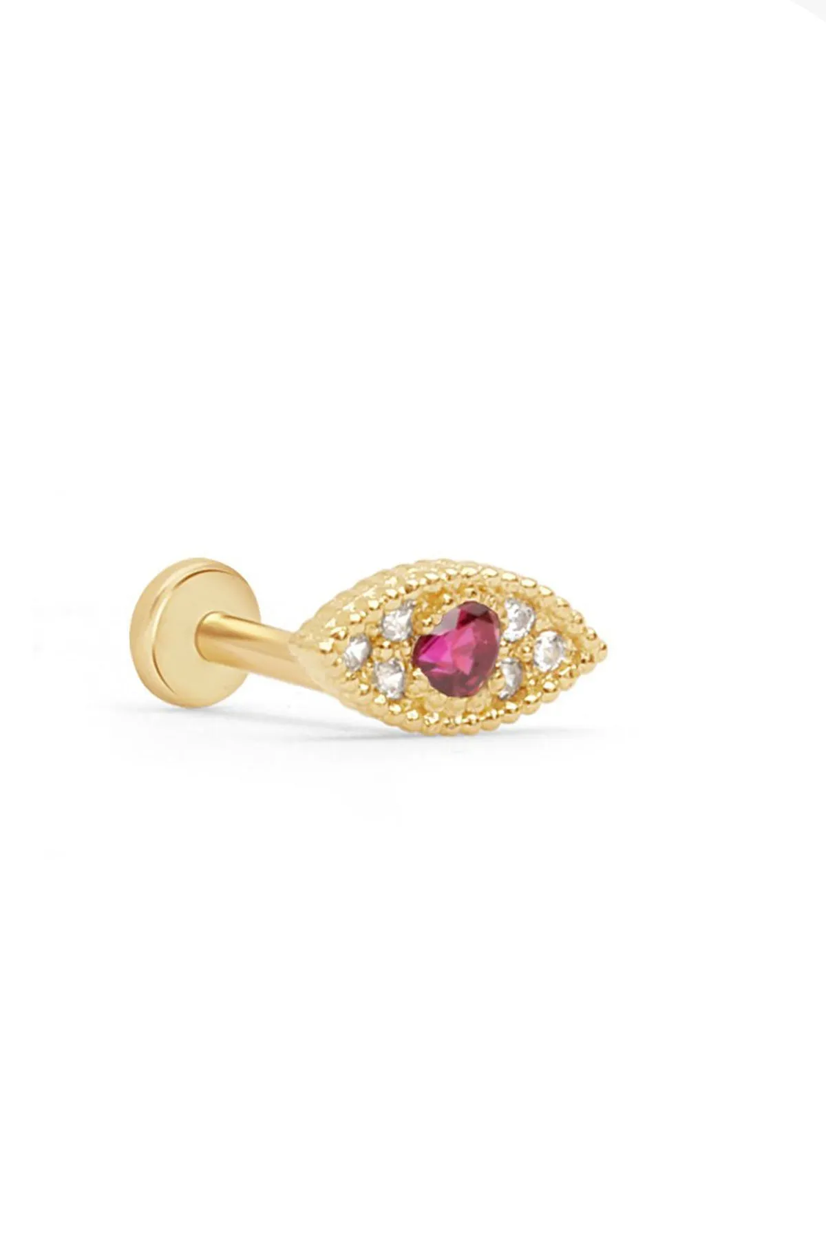 14k Gold Ruby Evil Eye Tragus Helix Internally Threaded Flat Back Earring Labret Stud