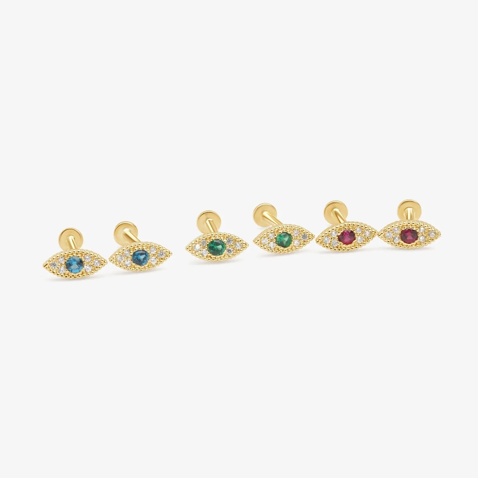 14k Gold Ruby Evil Eye Tragus Helix Internally Threaded Flat Back Earring Labret Stud