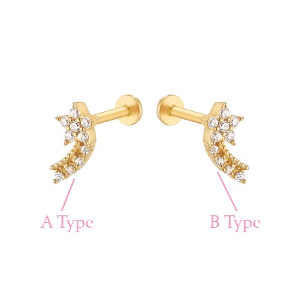 14k Gold Shooting Star Cz Internally Internal Threaded Flat Back Earring Stud Labret Piercing