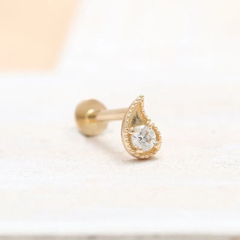 14K Solid Gold CZ or Moissanite Genuine Diamond will o' the wisp Paisley Helix Cartilage Tragus Inner Conch Internally Threaded 