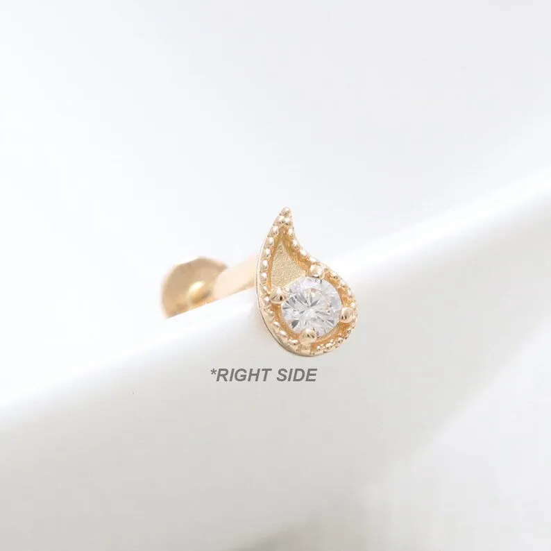 14K Solid Gold CZ or Moissanite Genuine Diamond will o' the wisp Paisley Helix Cartilage Tragus Inner Conch Internally Threaded 