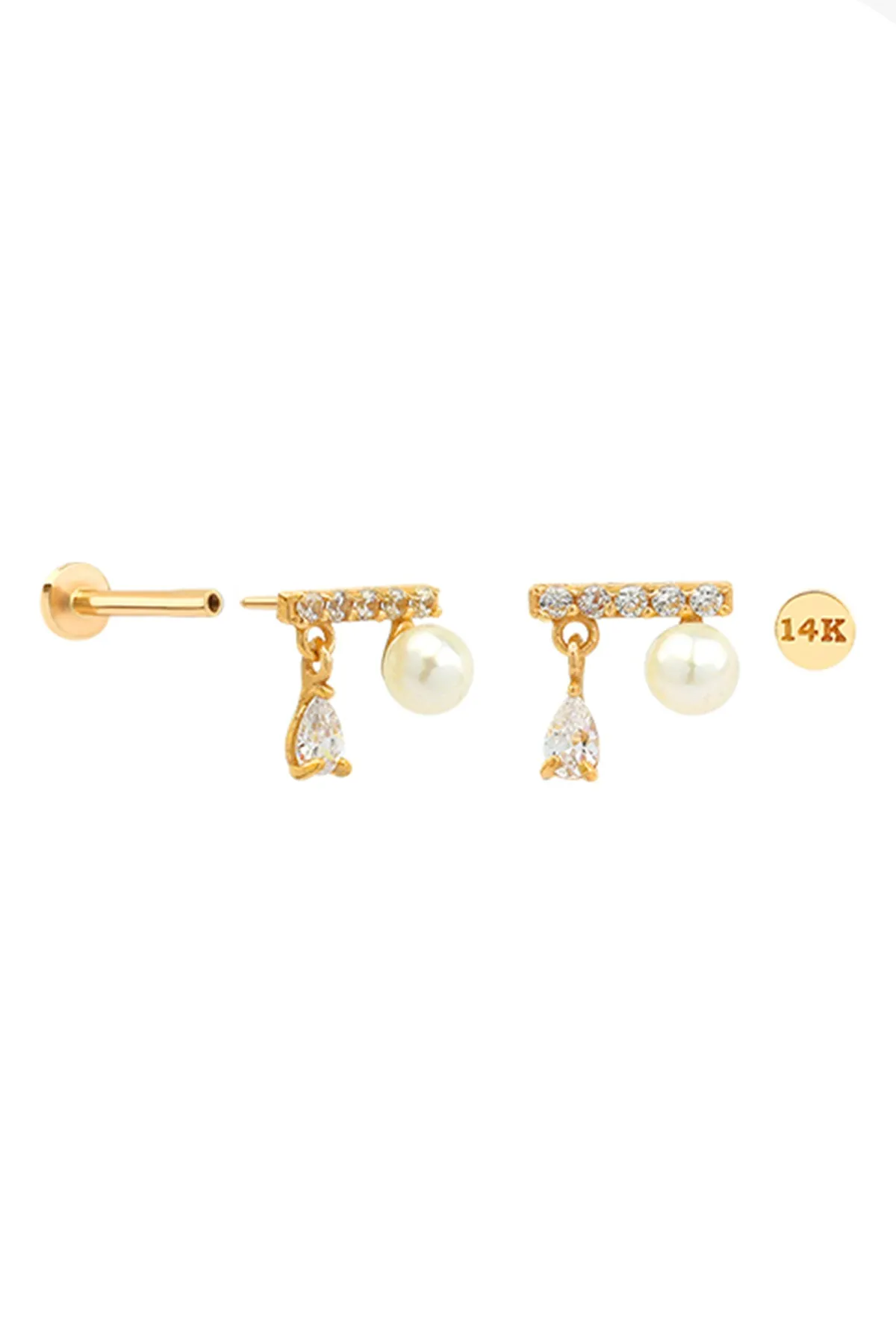 14K Solid Gold Cz Stick Fresh Water Pearl Internally Threaded Flat Back Earring Labret