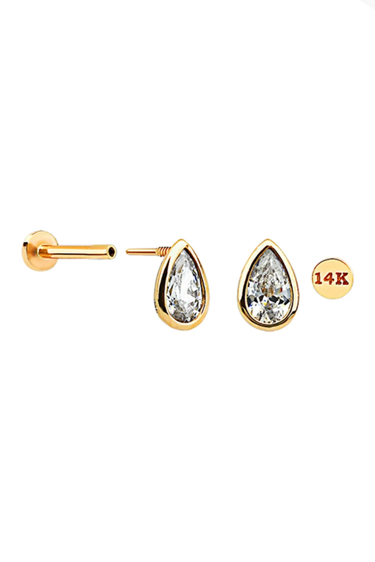 14k Solid Gold Cz Teardrop Helix Cartilage Internally Threaded Flat Back Earring Labret Stud