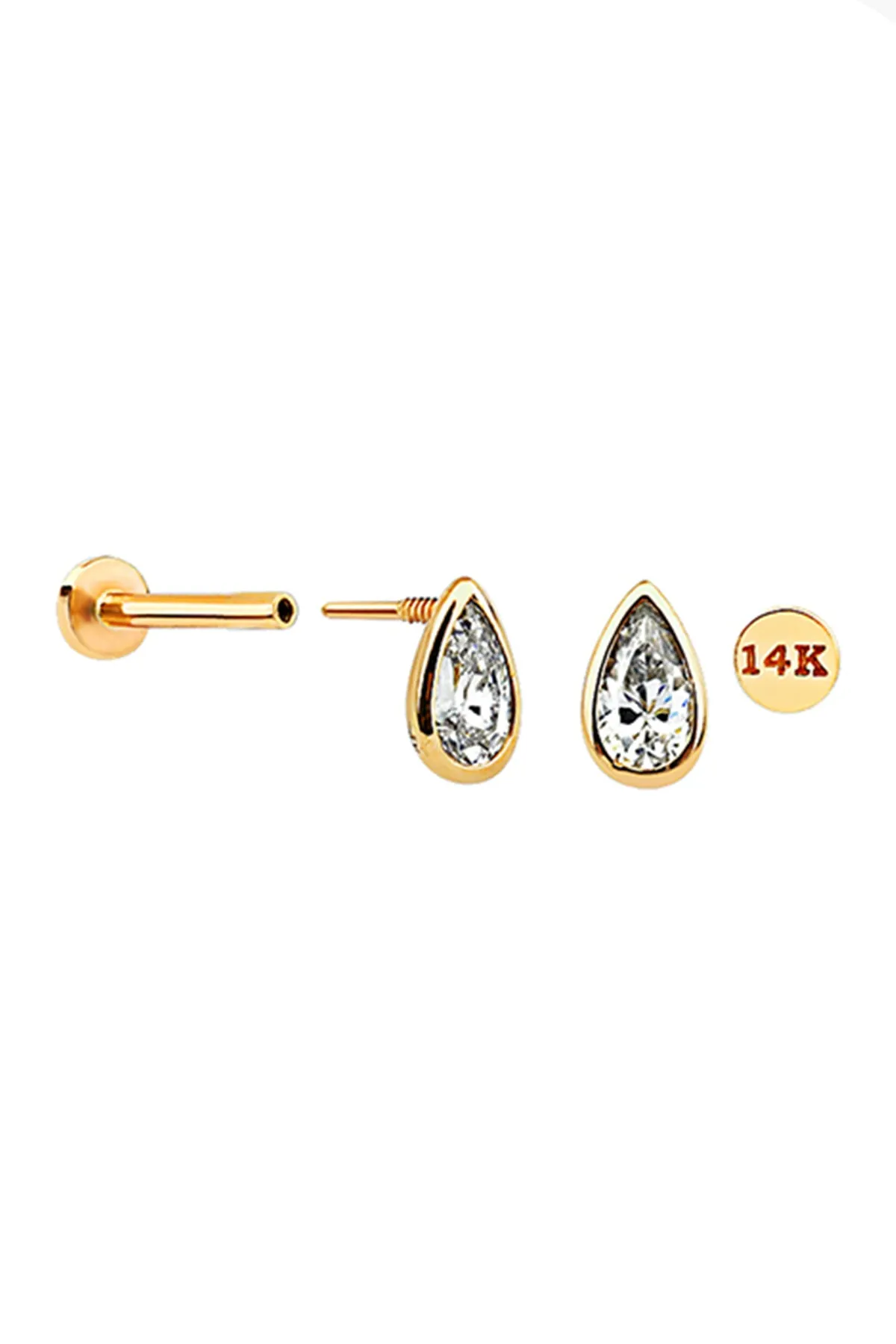 14k Solid Gold Cz Teardrop Helix Cartilage Internally Threaded Flat Back Earring Labret Stud