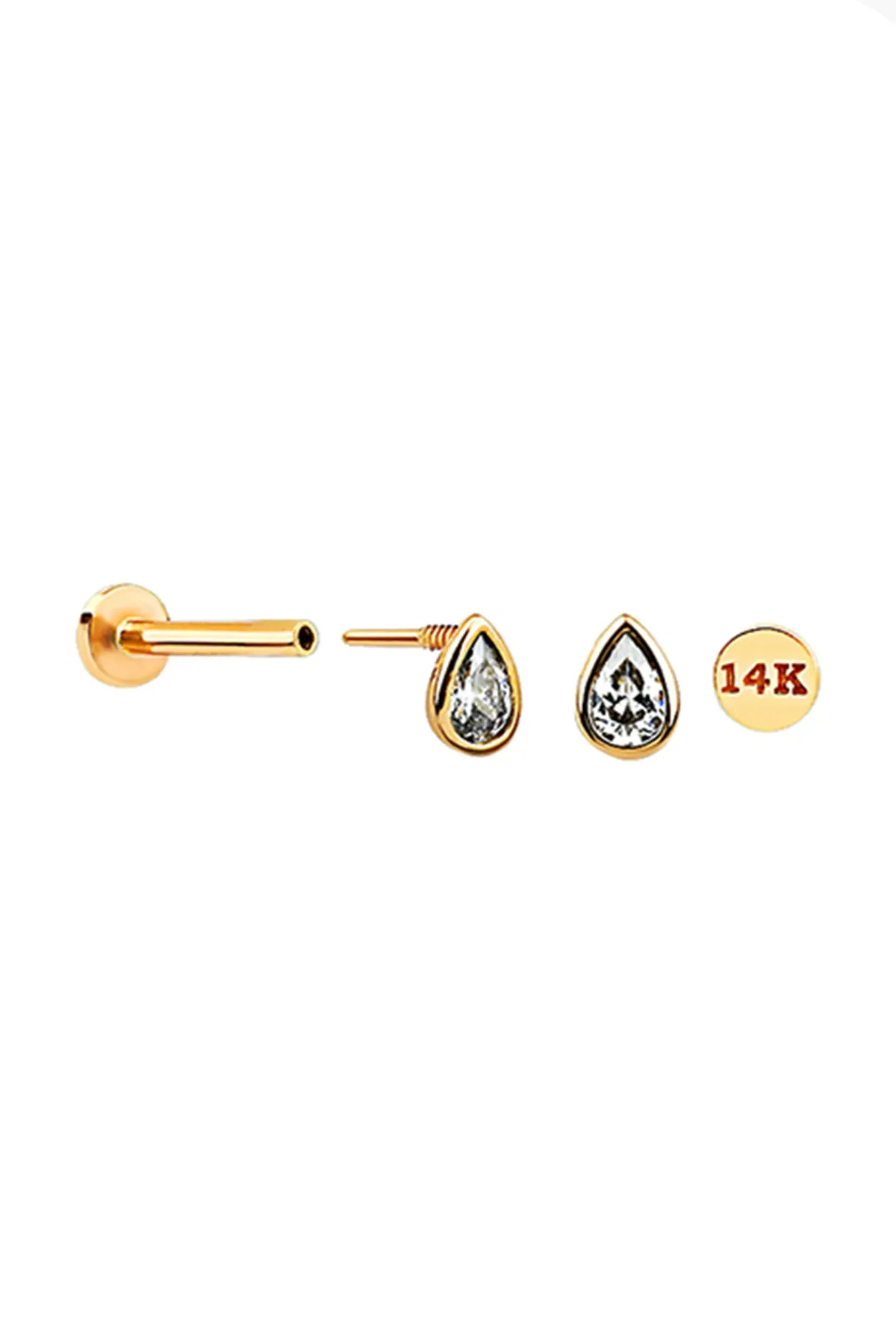 14k Solid Gold Cz Teardrop Helix Cartilage Internally Threaded Flat Back Earring Labret Stud