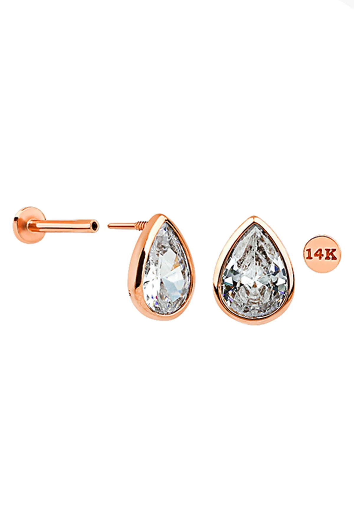 14k Solid Gold Cz Teardrop Helix Cartilage Internally Threaded Flat Back Earring Labret Stud