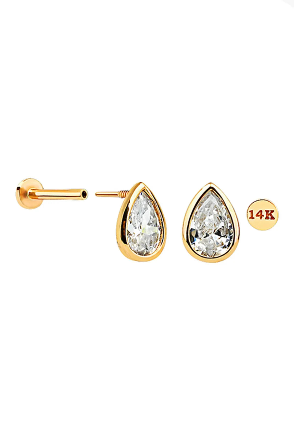 14k Solid Gold Cz Teardrop Helix Cartilage Internally Threaded Flat Back Earring Labret Stud