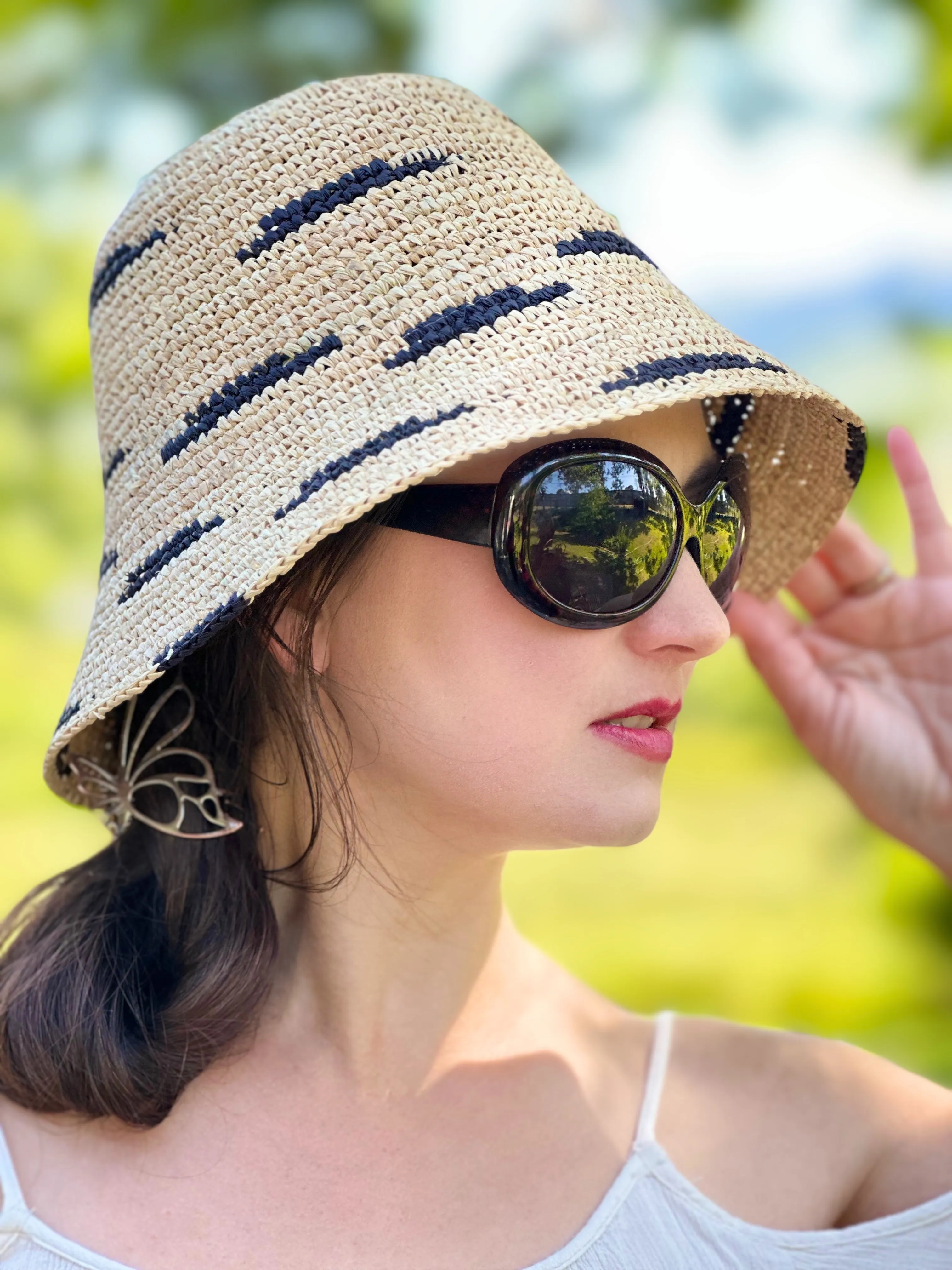 2.5 Brim Taylor Crochet Bucket Straw Hats with Zebra Stripes