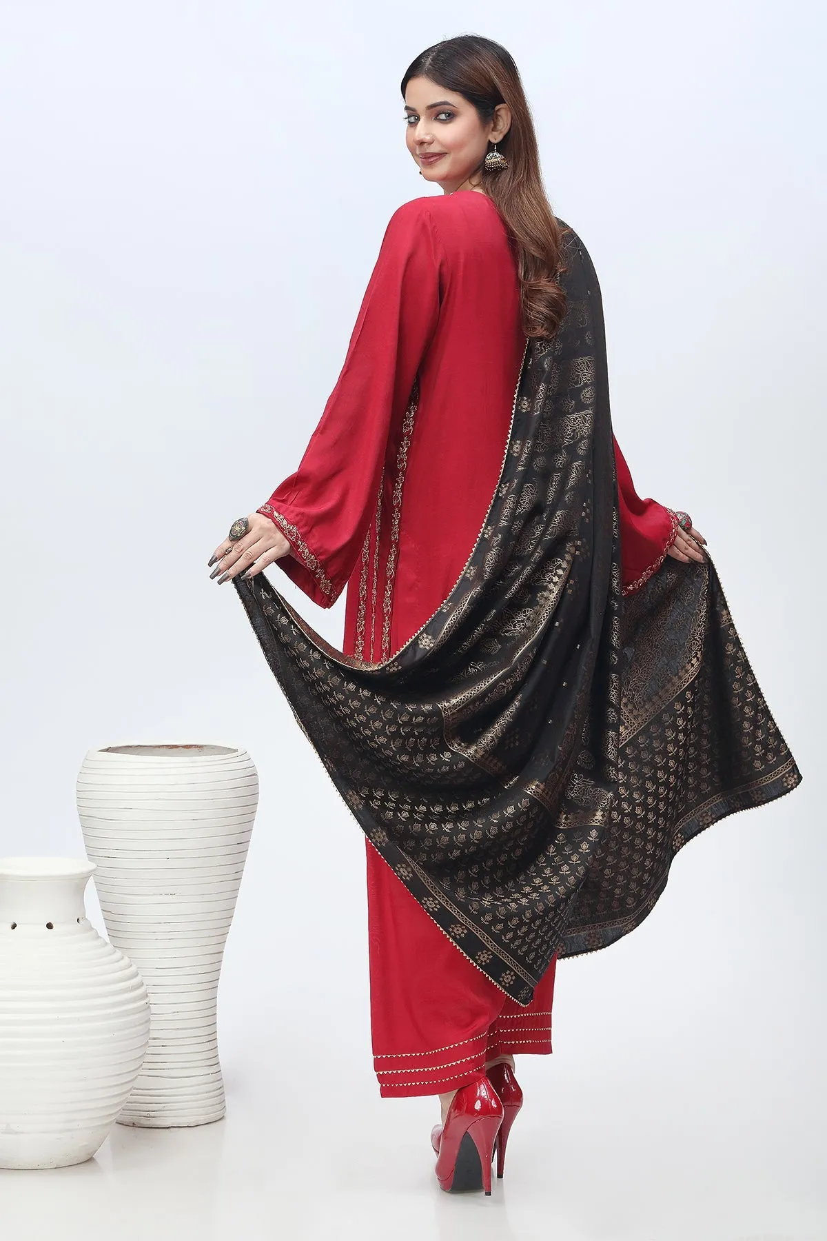 3-PC Embroidered Raw-Silk Shirt with Staple Jacquard Shawl with Trouser CMA-3-281