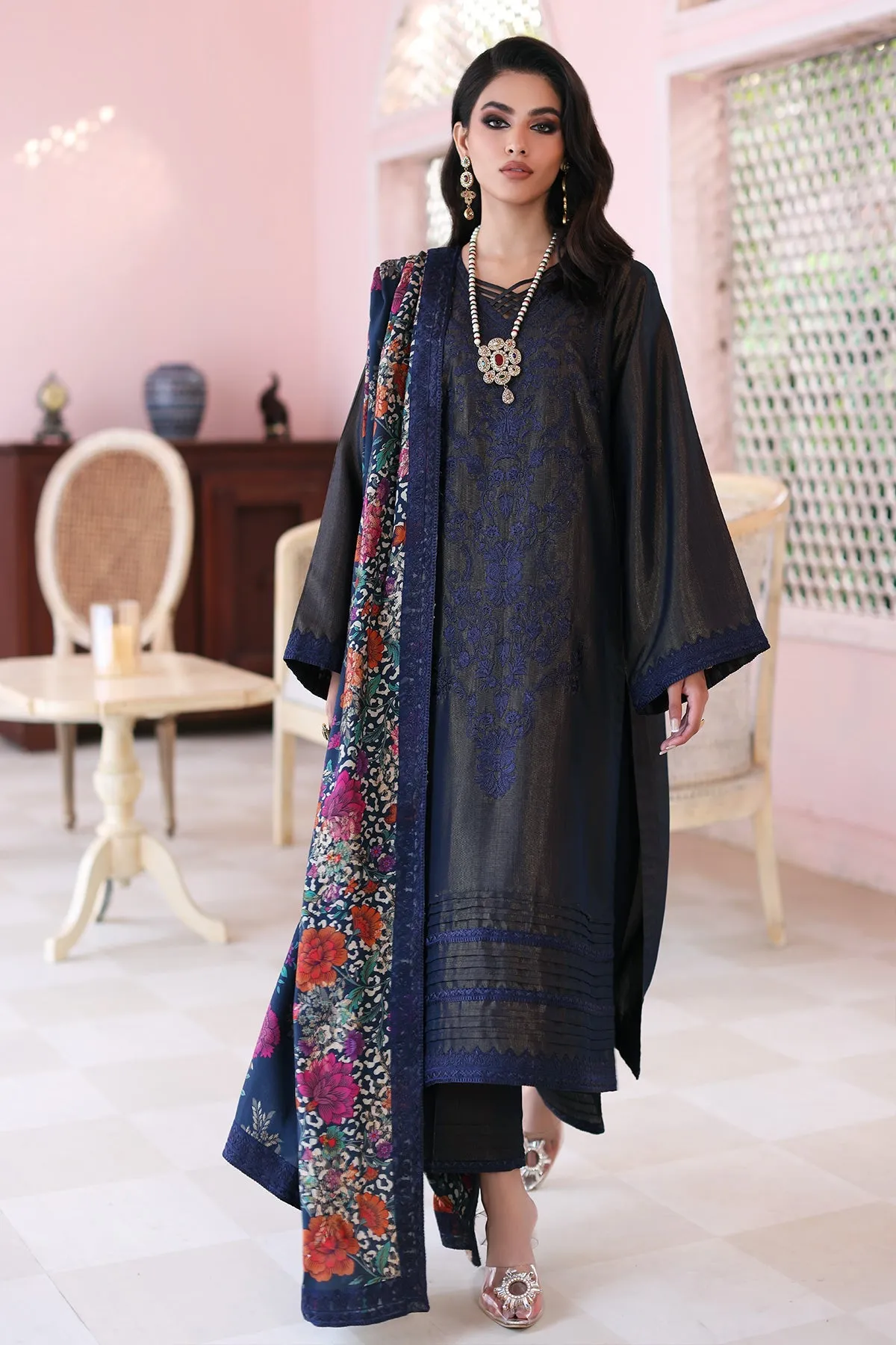 3-Pc Unstitched Embroidered Masori Shirt with Staple Shawl & Dyed Trouser CZW3-02