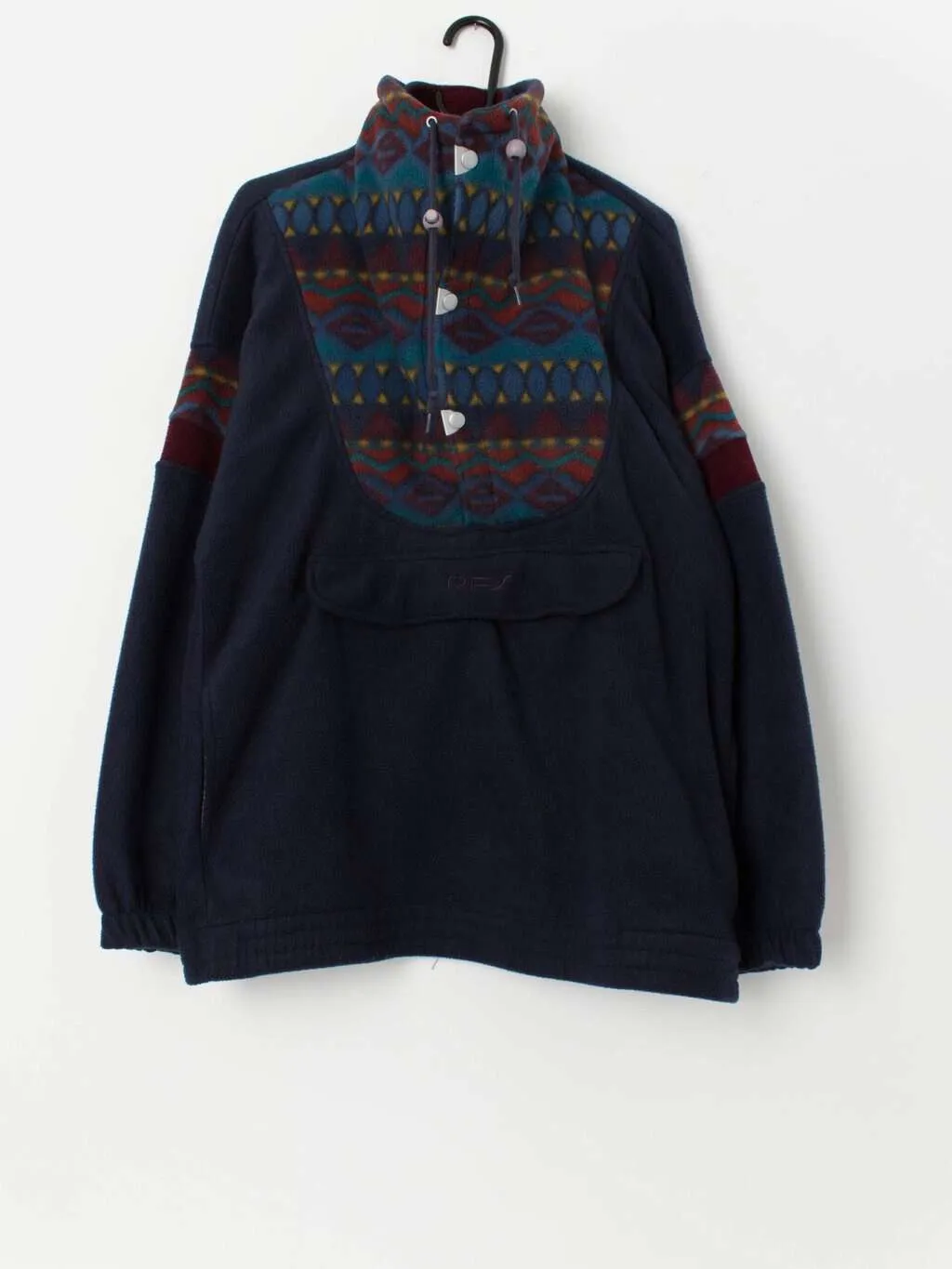 90s vintage quarter zip navy fleece with geometric pattern – Large