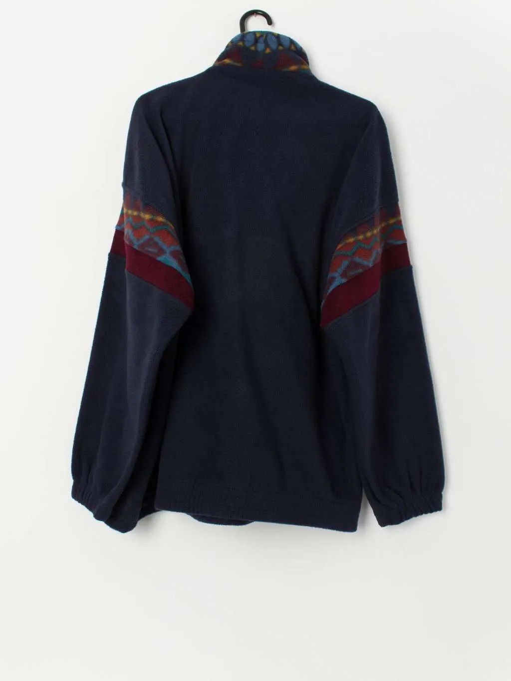 90s vintage quarter zip navy fleece with geometric pattern – Large