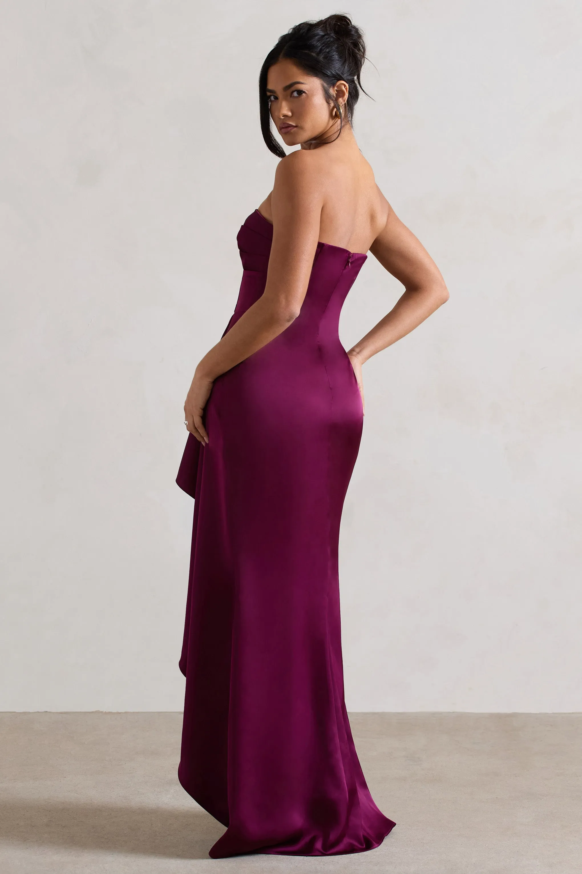 Ace | Plum Satin Bandeau Split Maxi Dress With Ruffle Drape