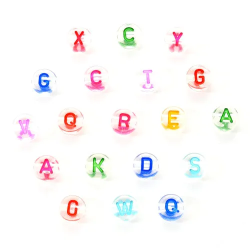 Acrylic Beads, Alphabet, Letter, Flat, Round, Transparent, Mixed Colors, A-Z, 7mm