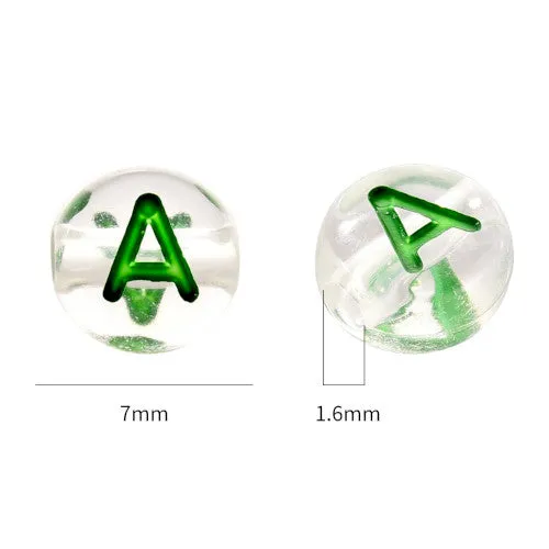 Acrylic Beads, Alphabet, Letter, Flat, Round, Transparent, Mixed Colors, A-Z, 7mm