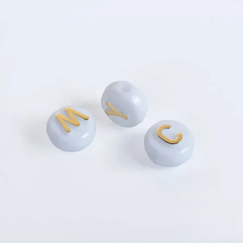 Acrylic Beads, Flat, Round, Alphabet, Letter, Opaque, White, Gold, Mixed, A-Z, 10mm