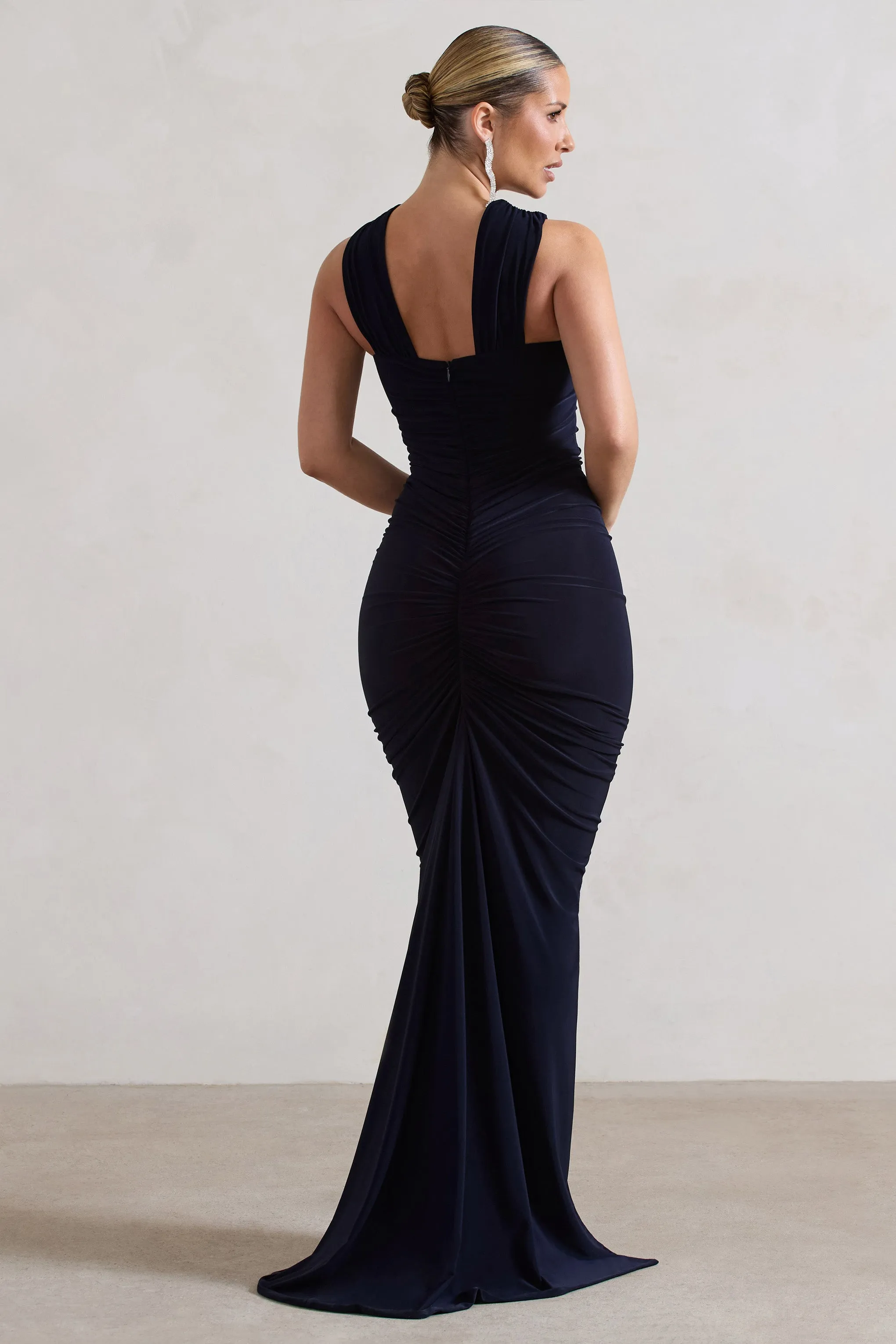 Aida | Navy Ruched V-Neck Split Maxi Dress