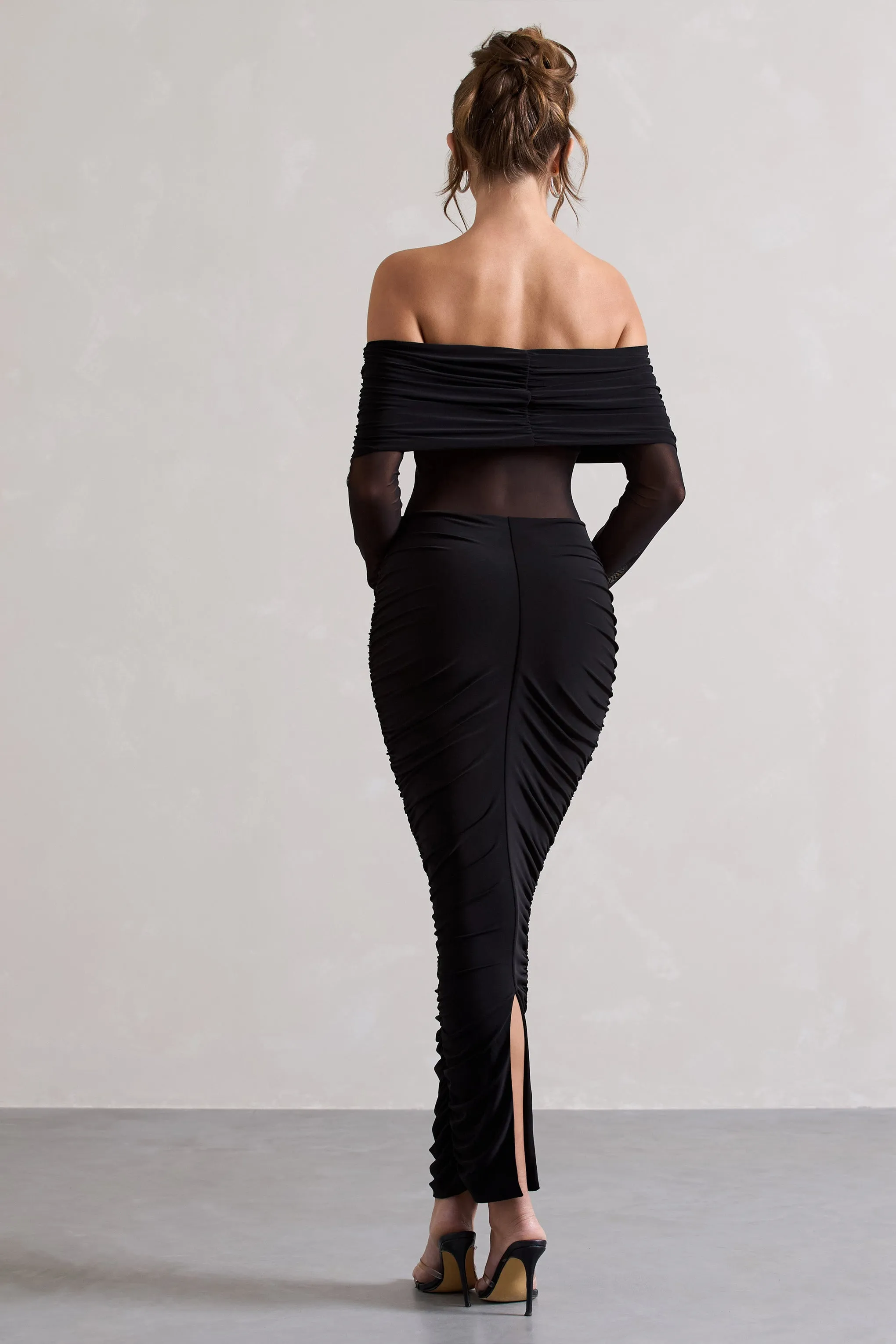 Apollo | Black Ruched Bardot Long-Sleeve Maxi Dress