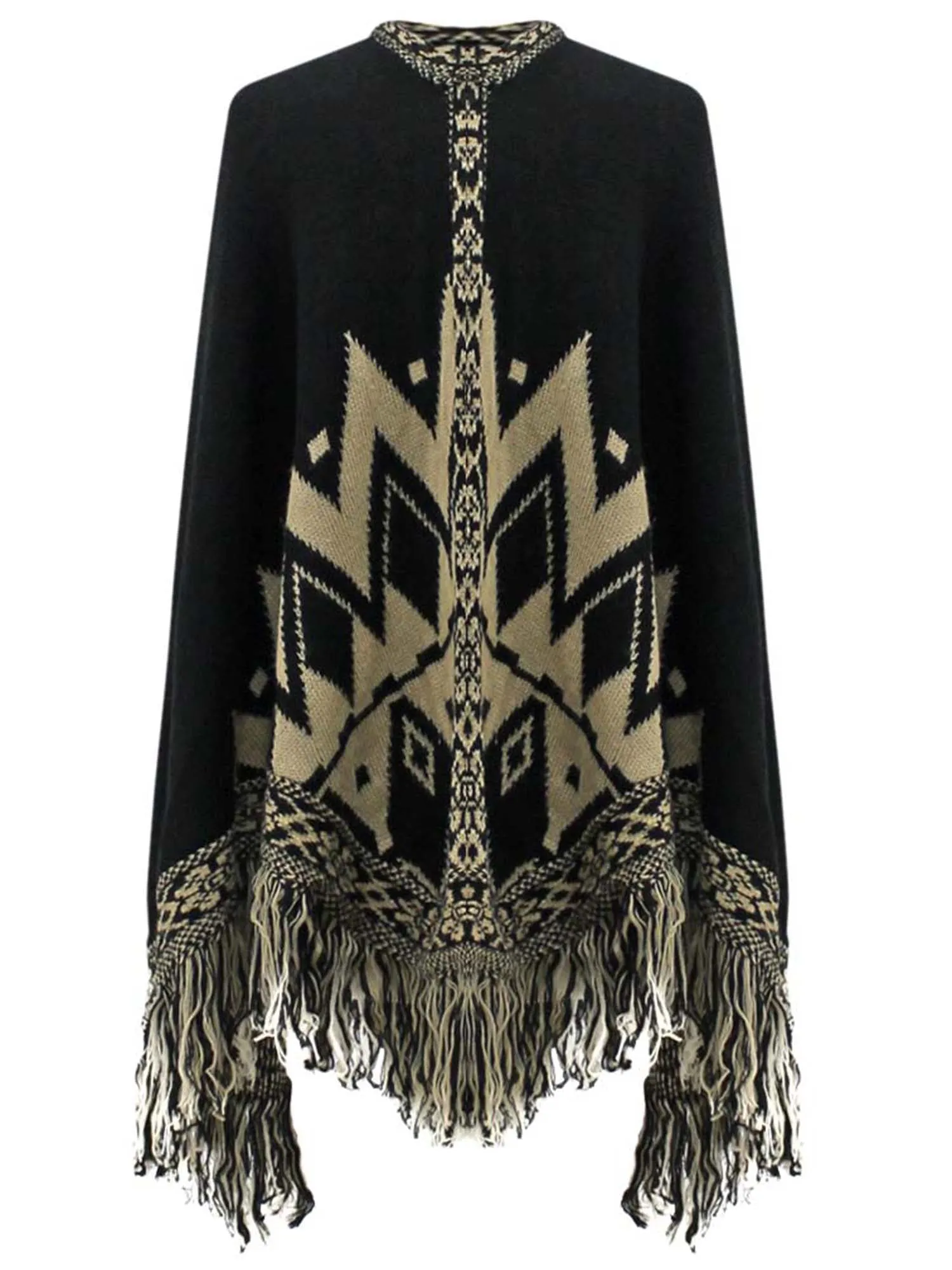 Aztec Print Poncho With Fringe