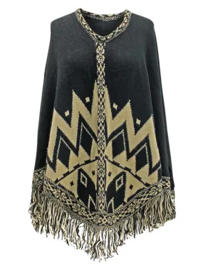 Aztec Print Poncho With Fringe