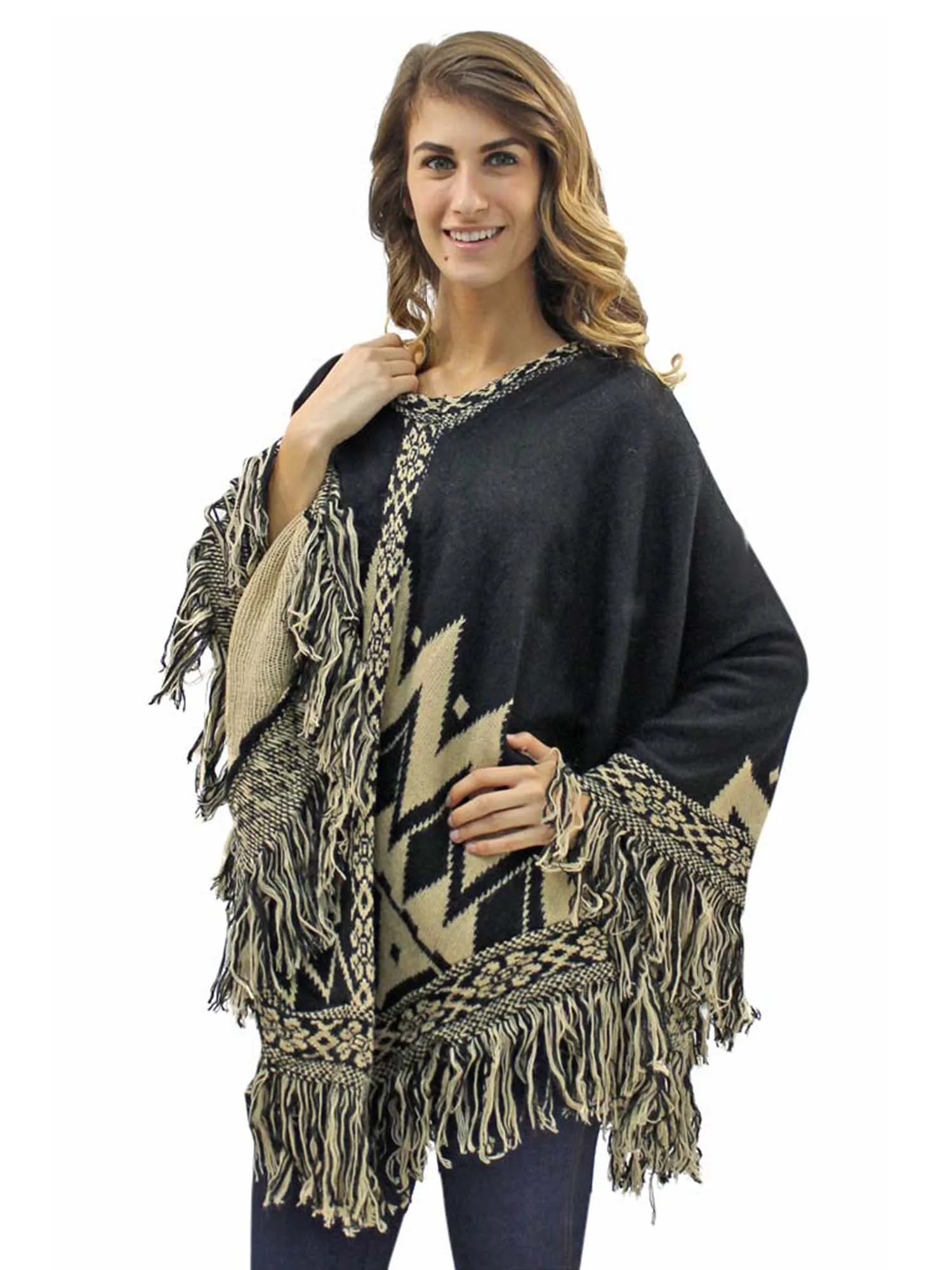 Aztec Print Poncho With Fringe