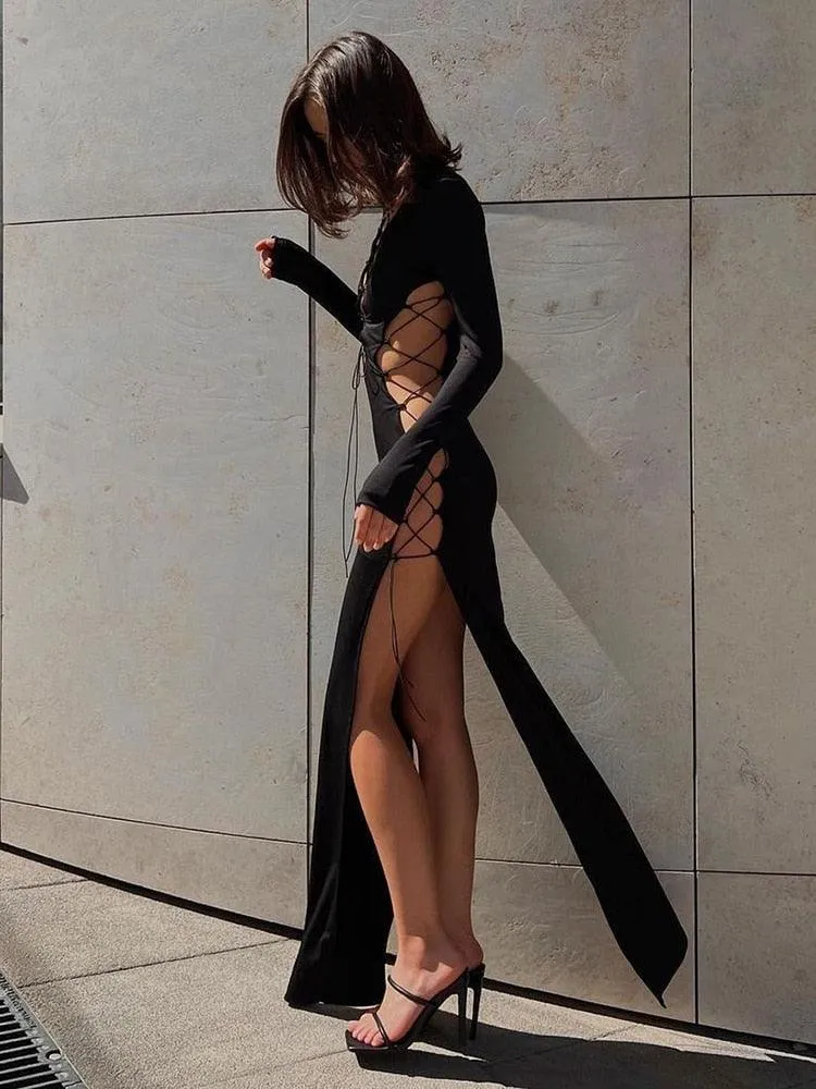 Bandage Lace Up Hot Sexy Slit Maxi Dress