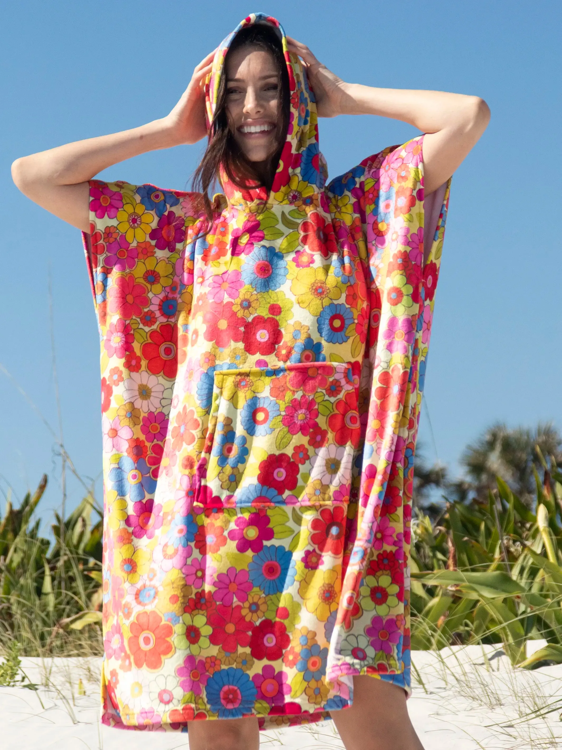 Beach Towel Changing Poncho - Yellow Retro Floral