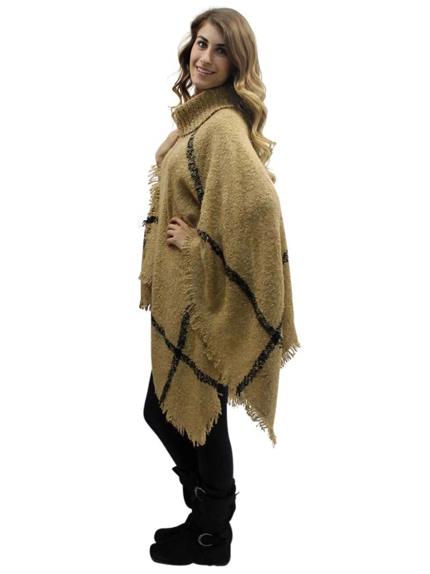 Beige & Black Ultra Soft Turtleneck Poncho Shawl