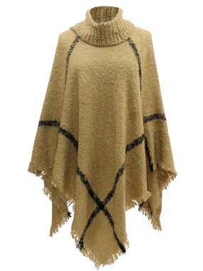 Beige & Black Ultra Soft Turtleneck Poncho Shawl