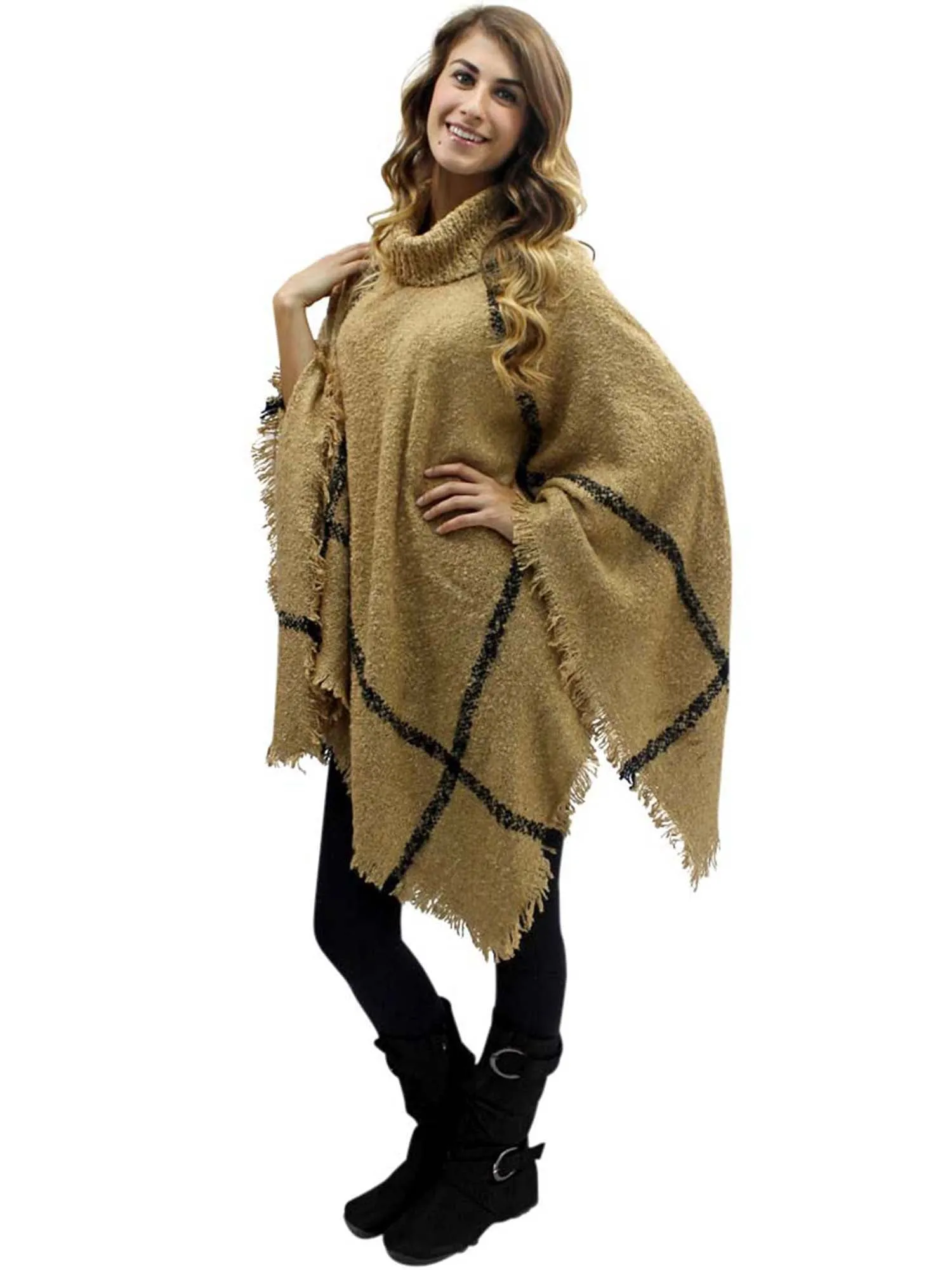 Beige & Black Ultra Soft Turtleneck Poncho Shawl