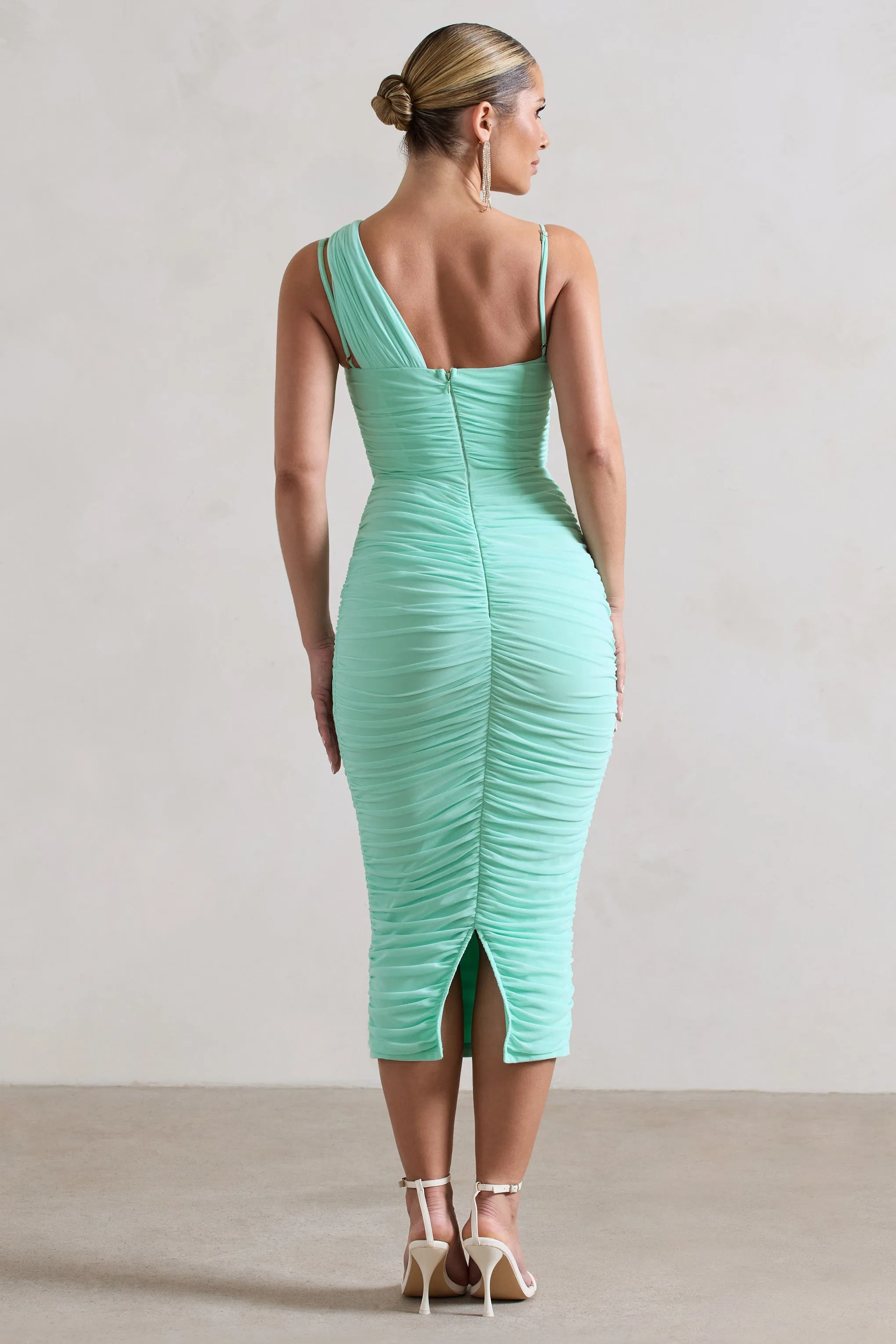 Bellini | Iced Green Asymmetric Ruched Midi Dress