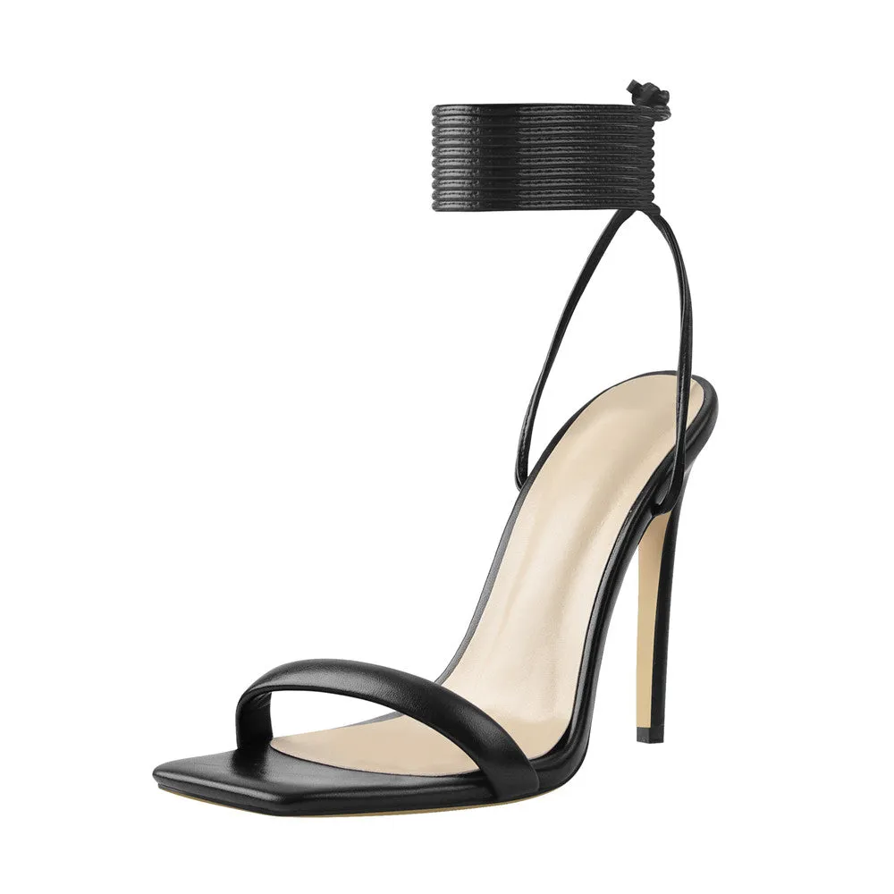 Black Square Toe Stilettos High Heel Sandals