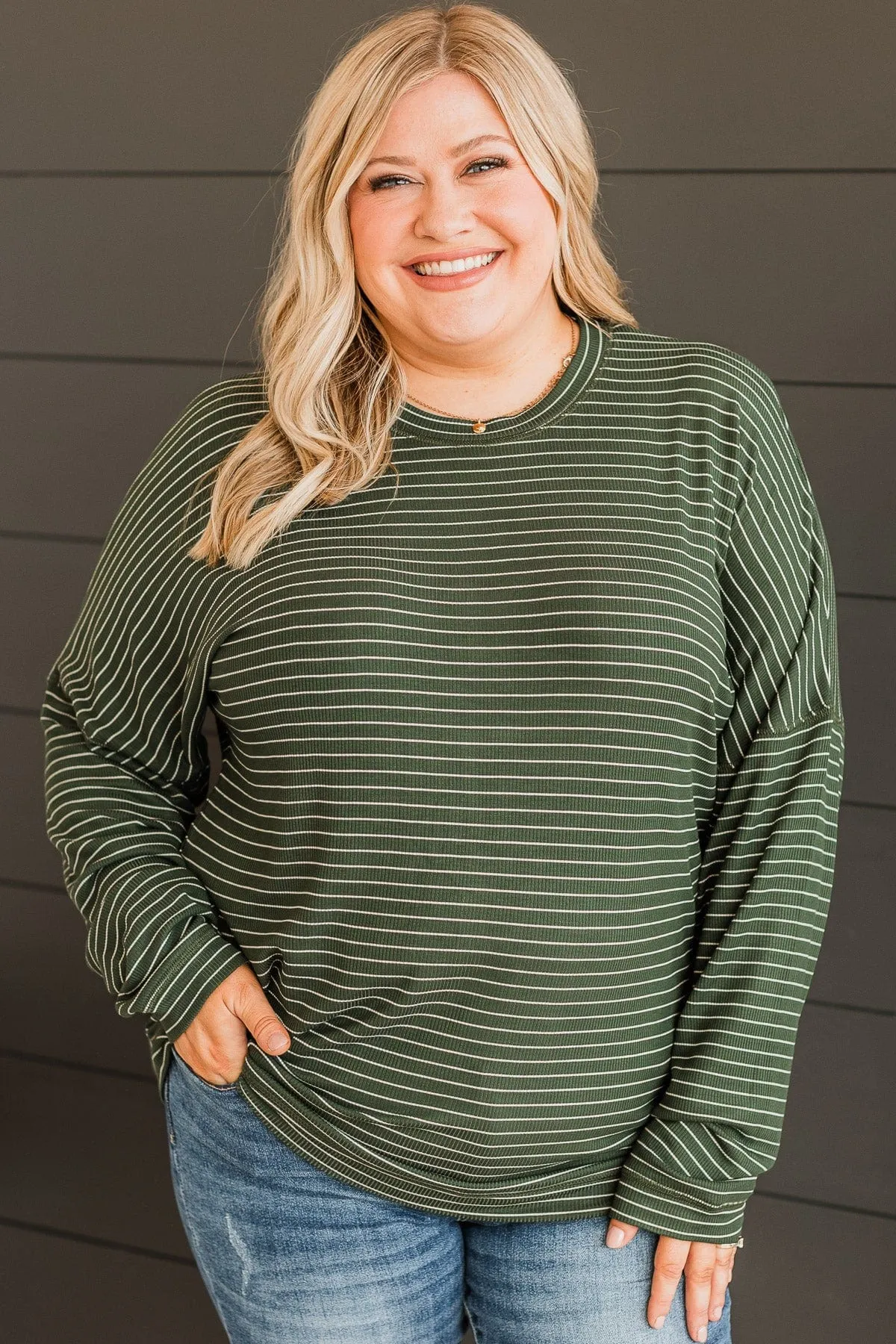 Brighten My Day Striped Pullover Top- Forest Green