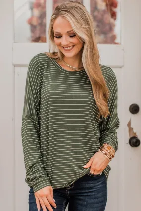 Brighten My Day Striped Pullover Top- Forest Green