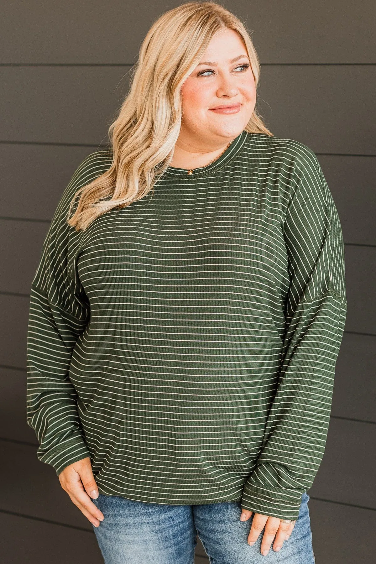 Brighten My Day Striped Pullover Top- Forest Green