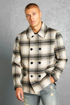 Brushed Check Double Breasted Peacoat | boohooMAN UK