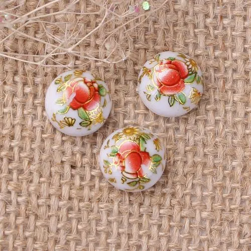 Cabochons, Resin, Dome, Seals, Flat Back, Japanese Tensha Floral, Painted, 12mm