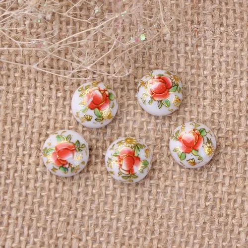 Cabochons, Resin, Dome, Seals, Flat Back, Japanese Tensha Floral, Painted, 12mm