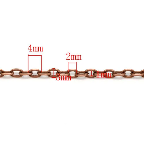 Chain, Iron, Cable Chain, Open Link, Flat, Oval, Red Copper, 4x3mm