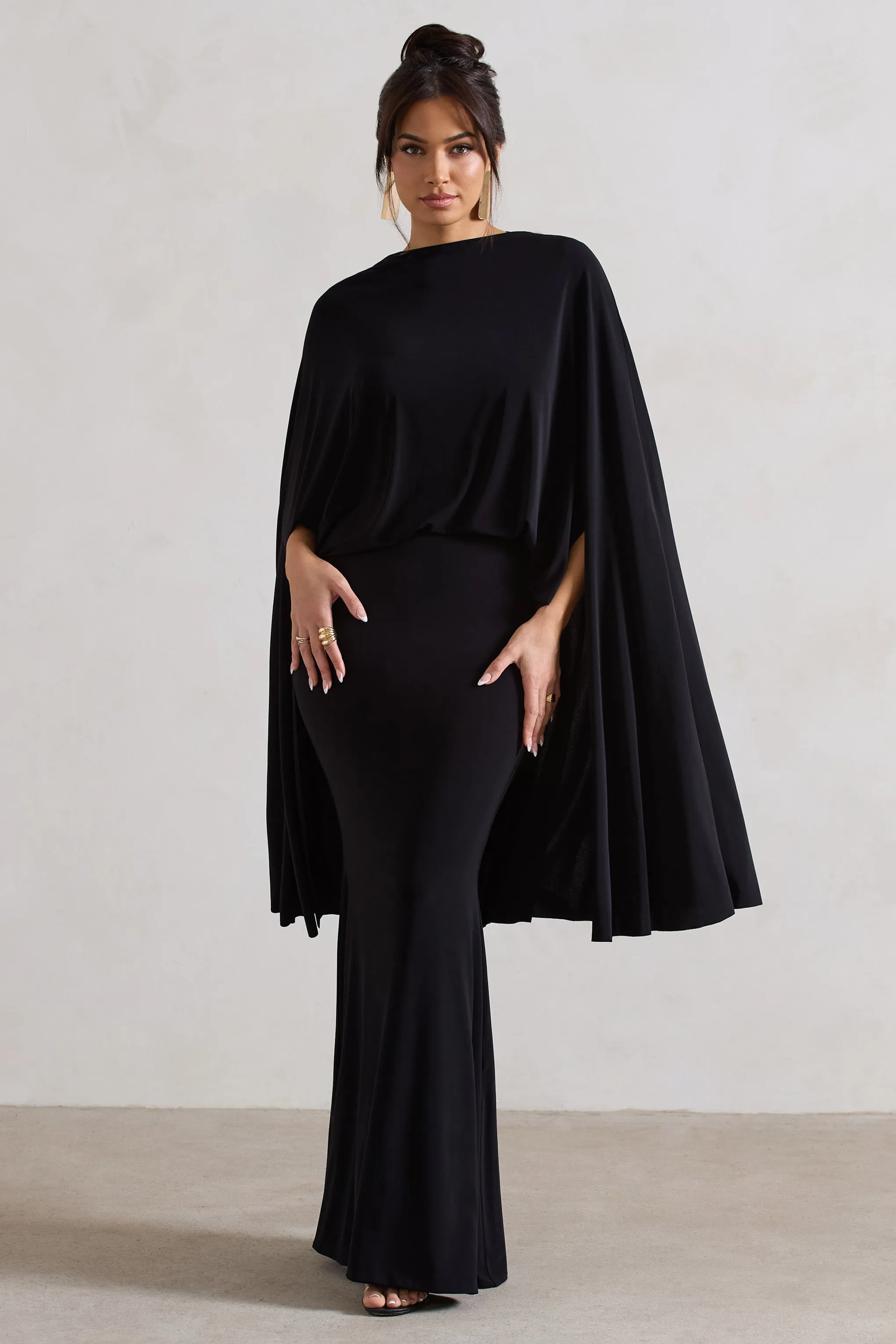 Charmaine | Black High-Neck Maxi Dress With Cape