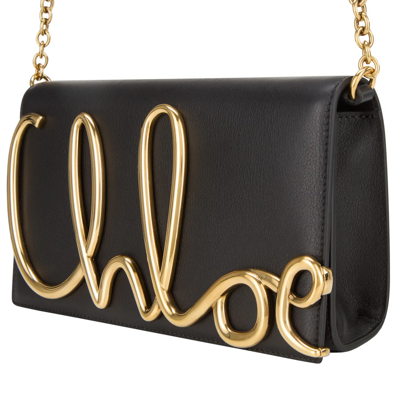 CHLOÉ The Sustainable Edit Logo Leather Chain Crossbody Bag - Black