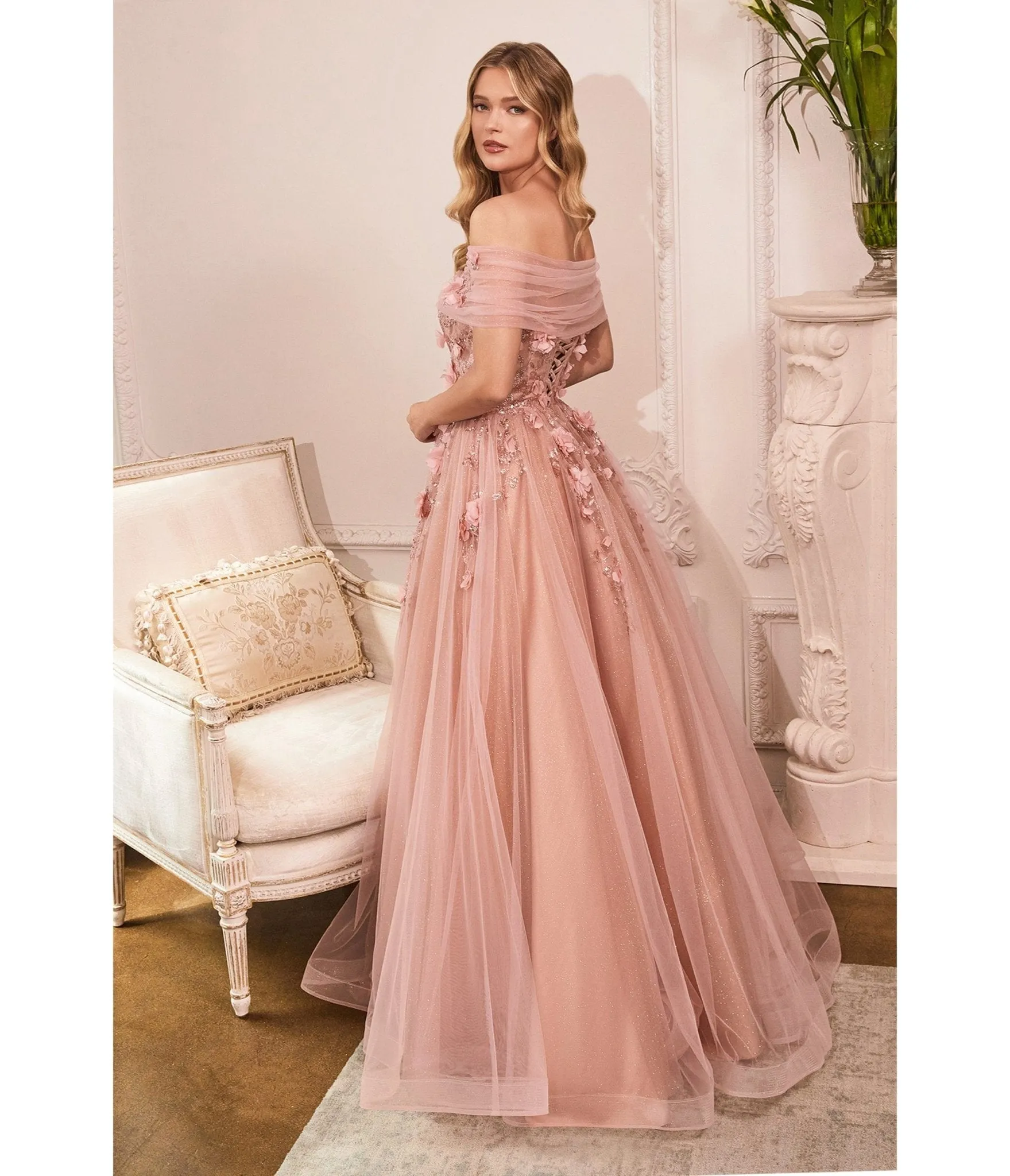 Cinderella Divine  Blush & Rose Gold Off The Shoulder Magical Glitter Bridesmaid Ball Gown