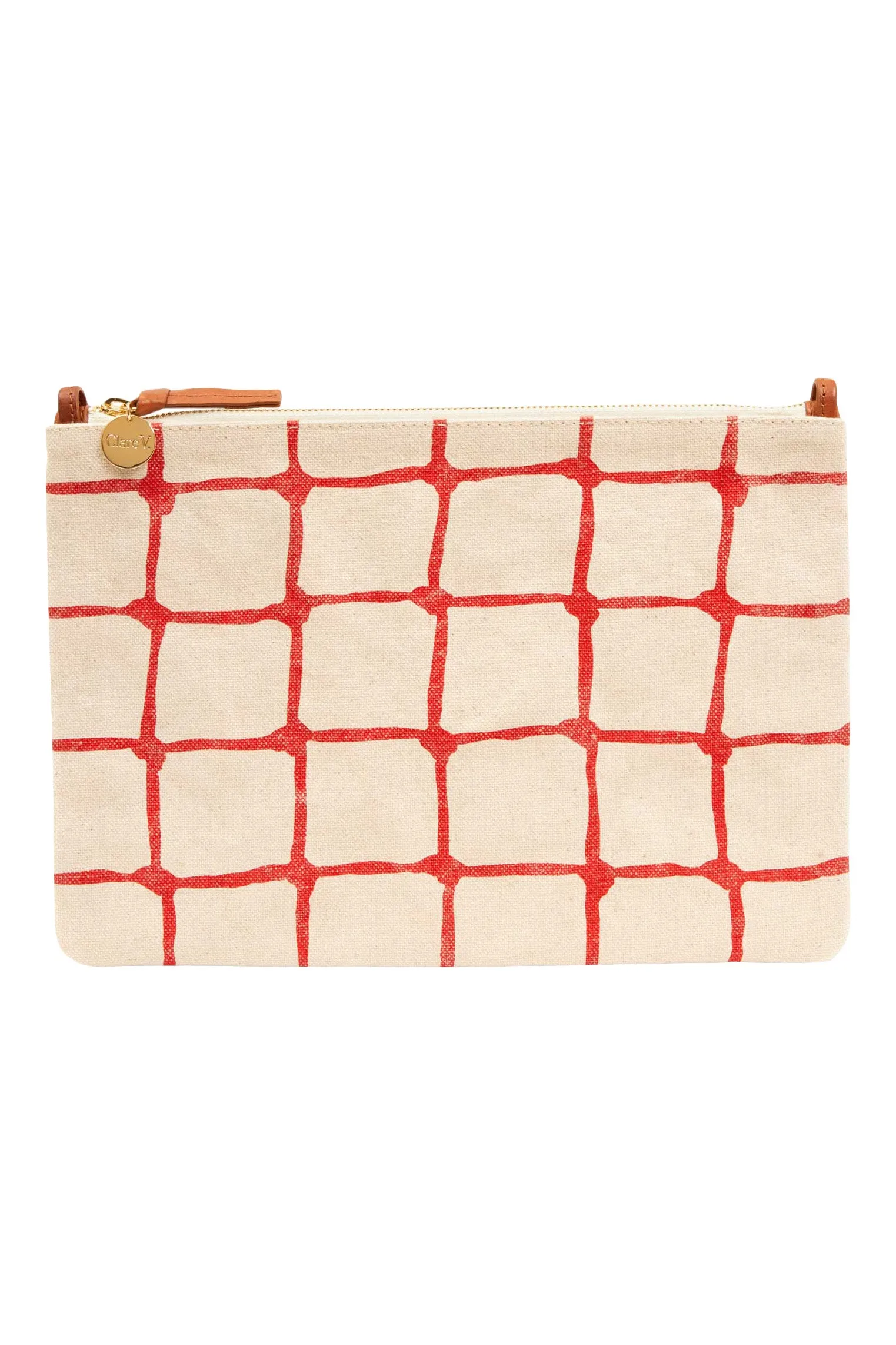 Clare V. Flat Clutch w/ Tabs in Natural w/ Bright Poppy Net Printed Canvas