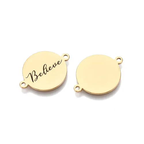 Connectors, Round, Flat, Gold Plated, 201 Stainless Steel, Black, Enameled, With Word Believe, 21mm