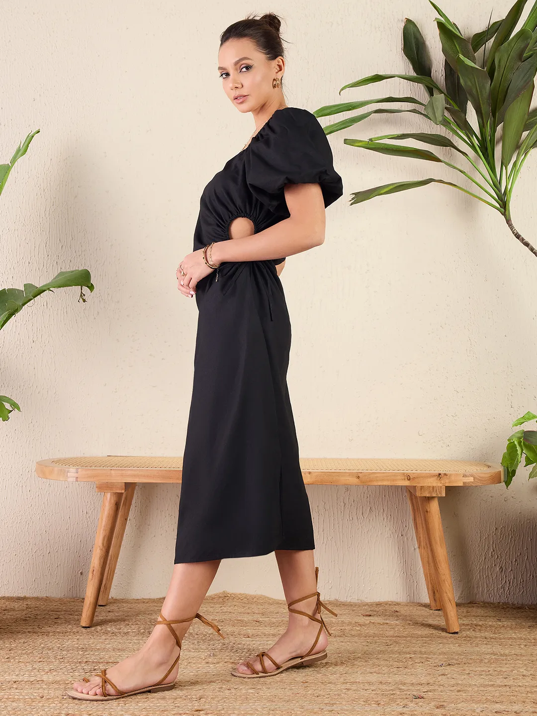 Cotton Poplin Side Cut-Out Midi Dress