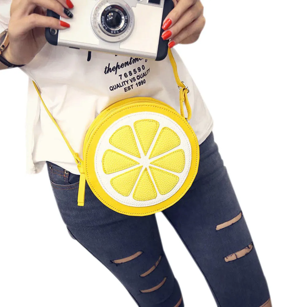 Crossbody Bag Personality Round Lemon Pattern PU Leather Shoulder Bags Bolsos Femenina