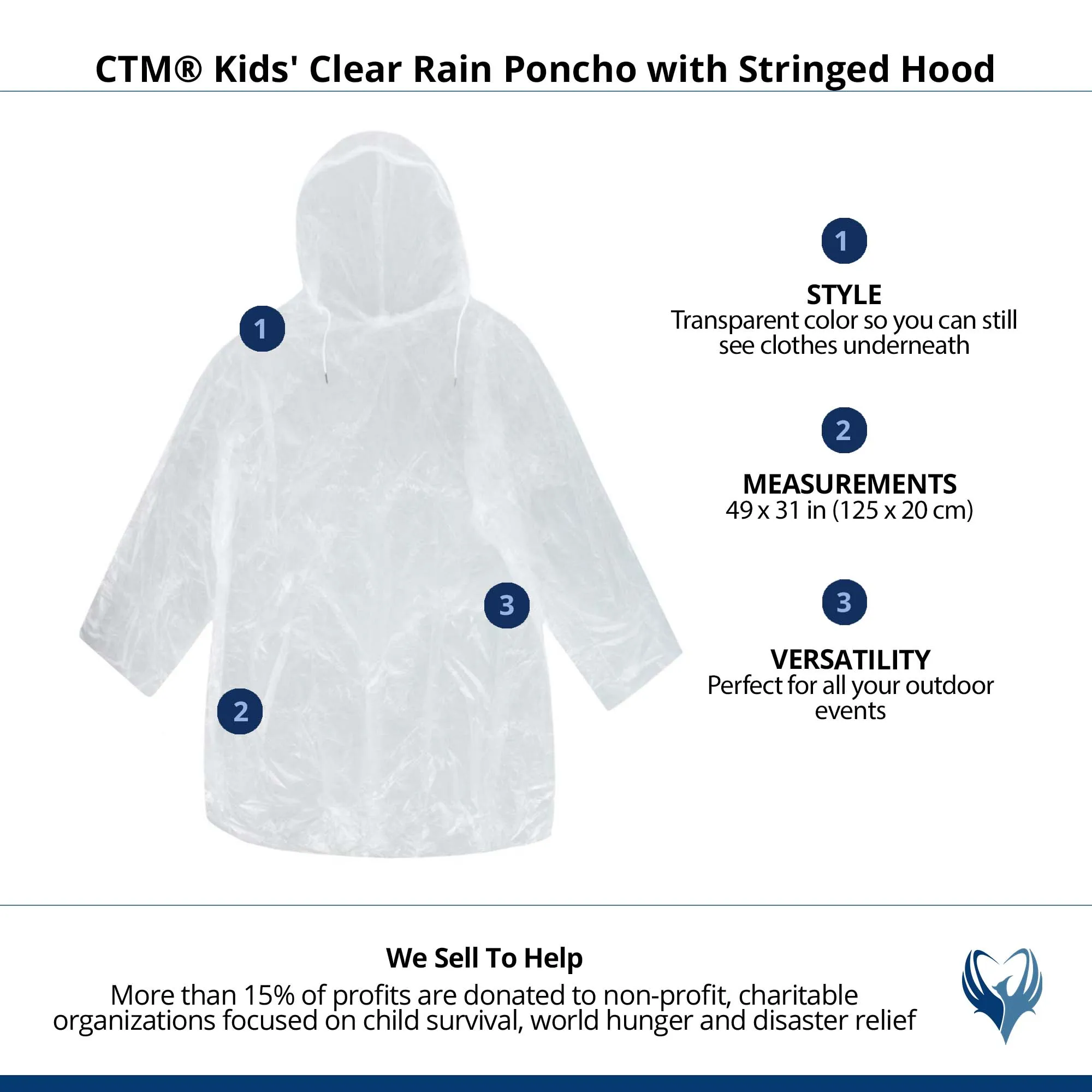 CTM Kids' Clear Rain Poncho with Stringed Hood