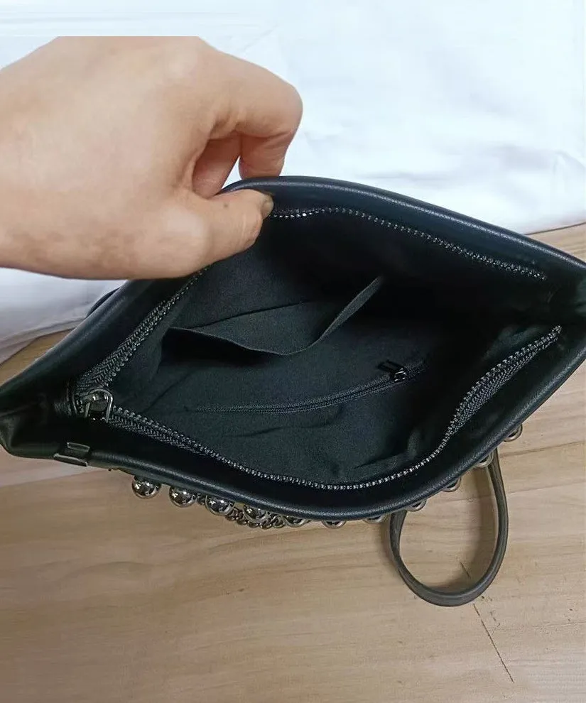 DIY Black Rivet Chain LinkedFaux Leather Satchel Handbag